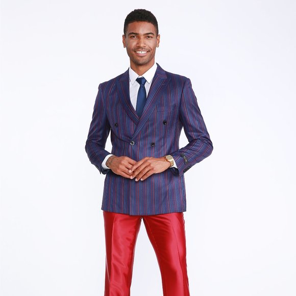 Mens Streak Pinstriped 2pc Double Breasted Suit, Blue w/ Red and White Stripes - Picture 3 of 9
